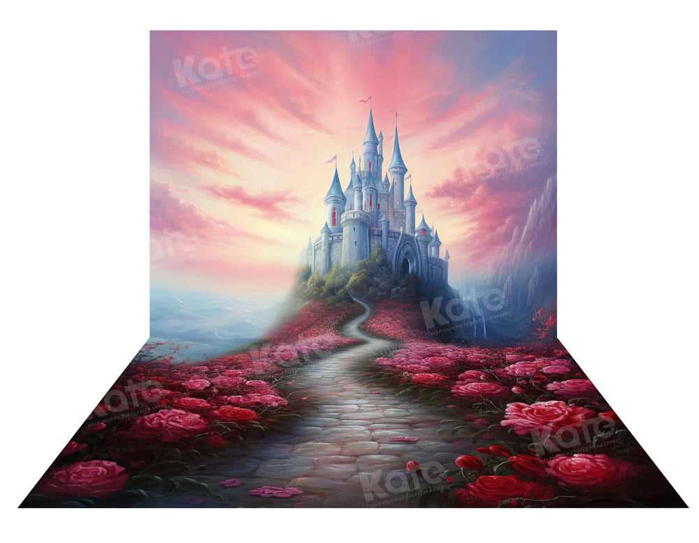 Kate Farbe Wolke Schloss Frühling Hintergrund +Blume Stein Weg Boden Hintergrund für Fotografie - Kate Backdrop.de