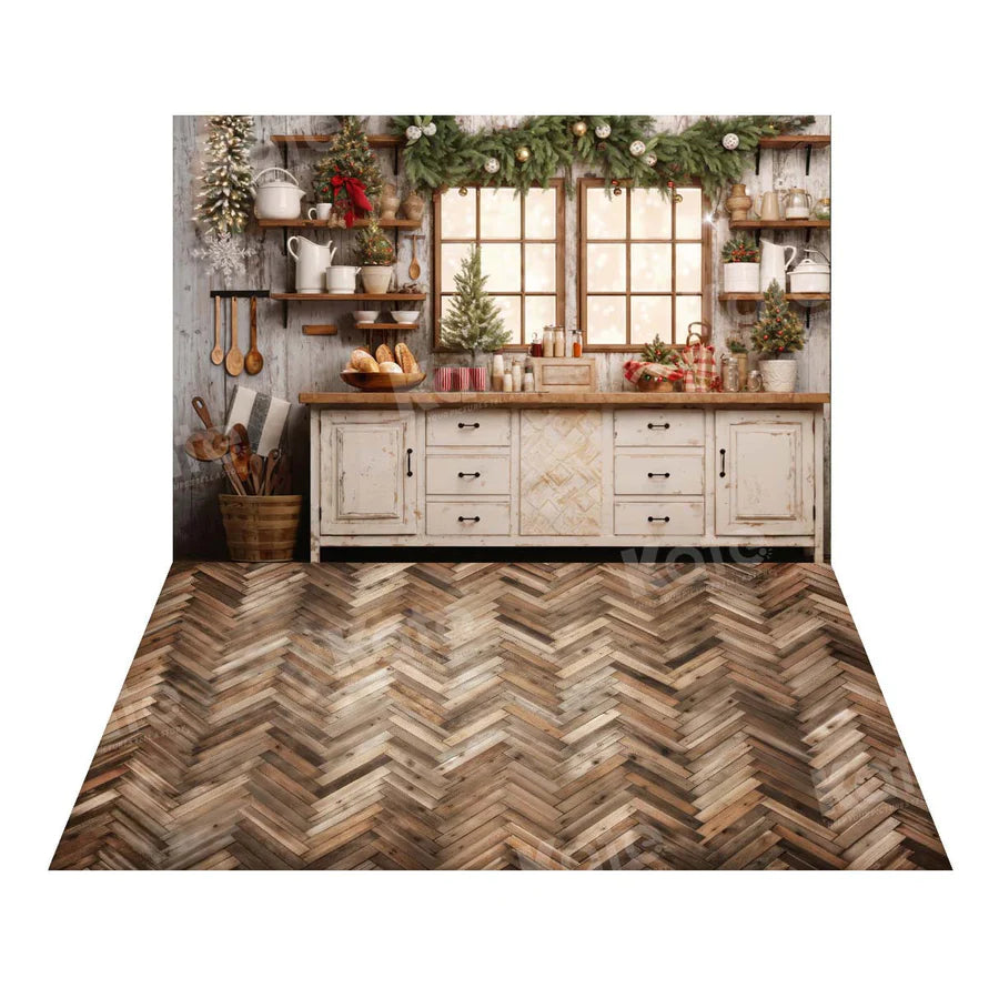 Kate Weiße Weihnachten Küche Hintergrund+Braune Holz Fischgrät Boden Hintergrund - Kate Backdrop.de