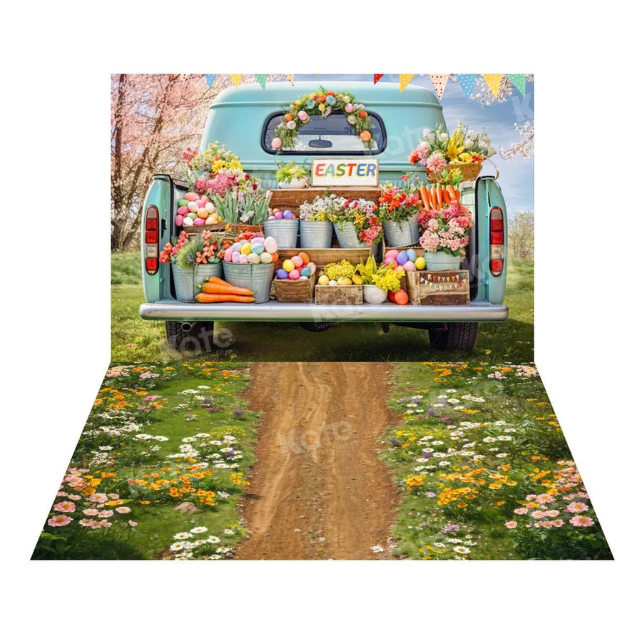 Kate Ostern Truck Grüne Pflanze Hintergrund+Frühjahr Blumen Feld Weg Boden Hintergrund - Kate Backdrop.de