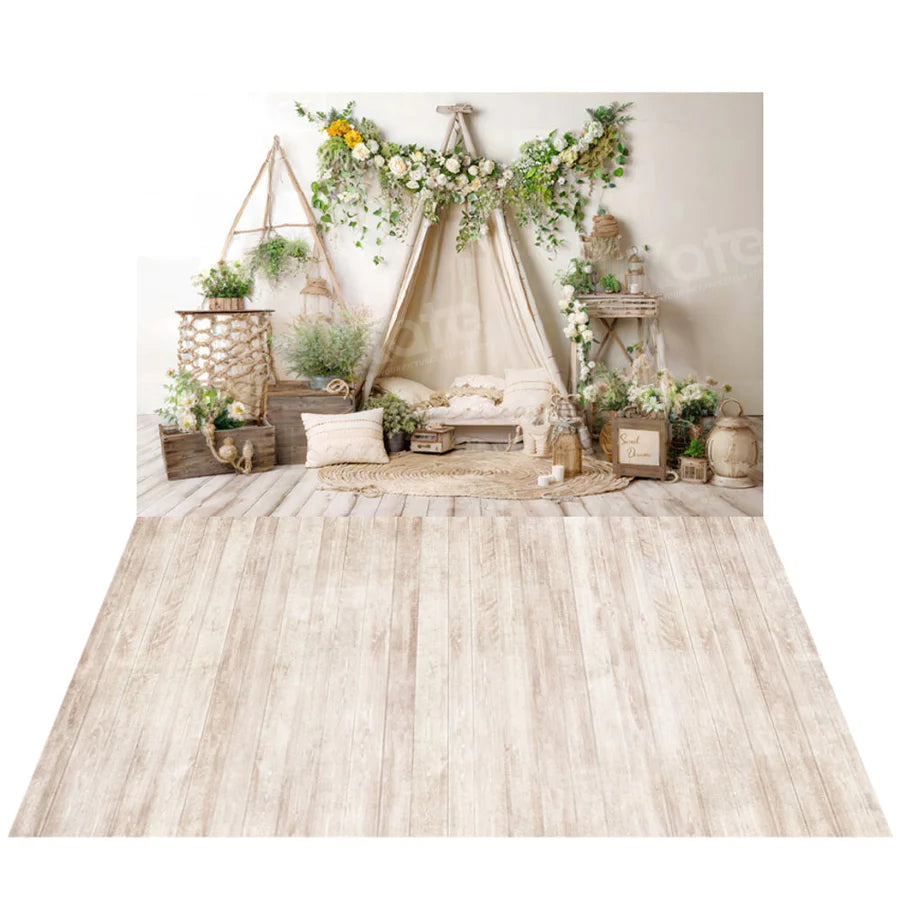 Kate Boho Grüne Pflanze Sofa Zimmer Hintergrund+Vertikale Maserung Holzboden Hintergrund