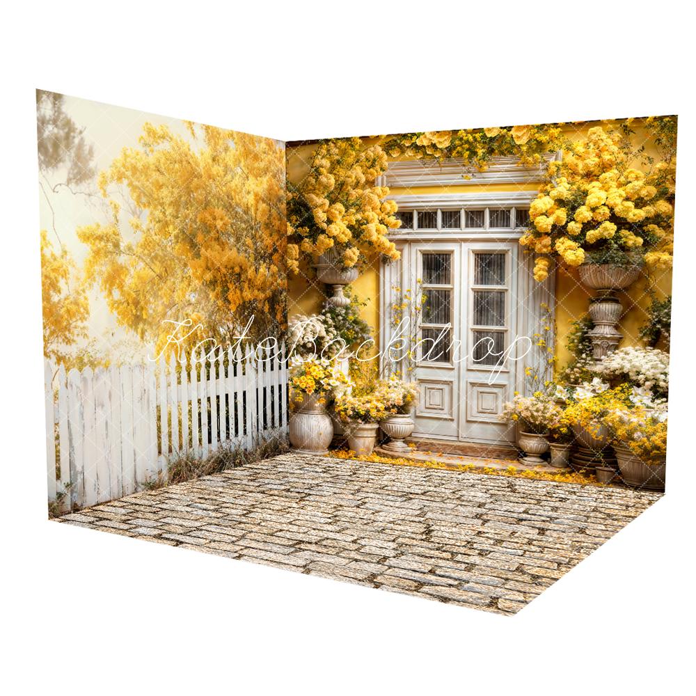Kate Gelb blühende Blumen Zaun Ziegelboden Zimmer Set (8ftx8ft&10ftx8ft&8ftx10ft) - Kate Backdrop.de