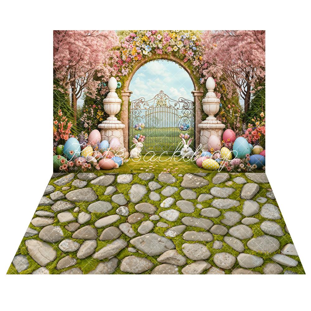 Kate Frühling/Ostern Tor Ei Hase Hintergrund+Grünes Gras Srone Boden Hintergrund - Kate Backdrop.de