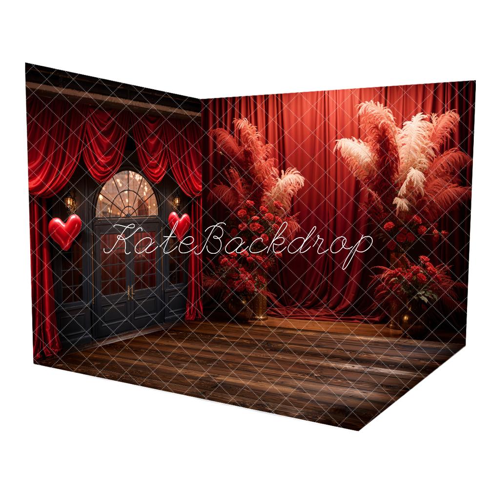 Kate Valentinstag Boho Rote Vorhänge Holzplanken Textur Boden Zimmer Set (8ftx8ft&10ftx8ft&8ftx10ft)