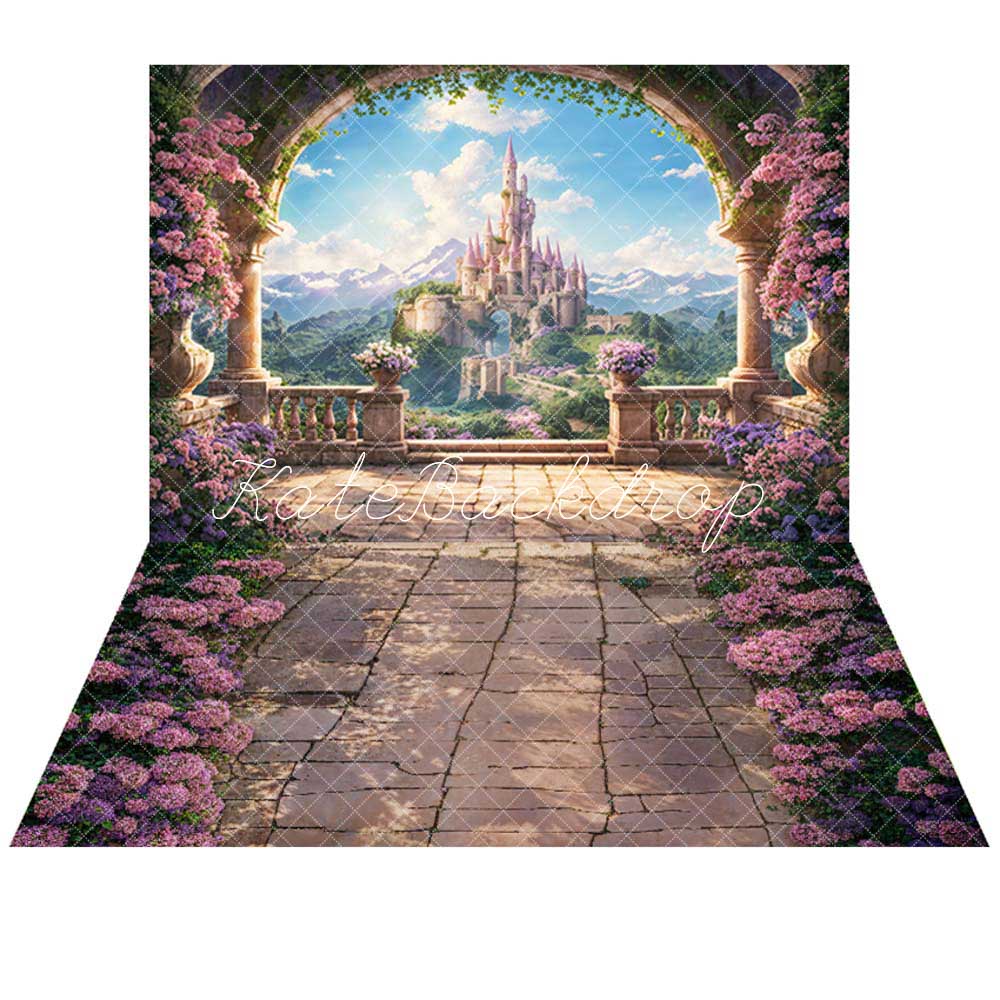 Kate Frühlings blumen bogen Fensterbank Schlosskulisse+Blumen Steinweg Bodenhintergrund - Kate Backdrop.de