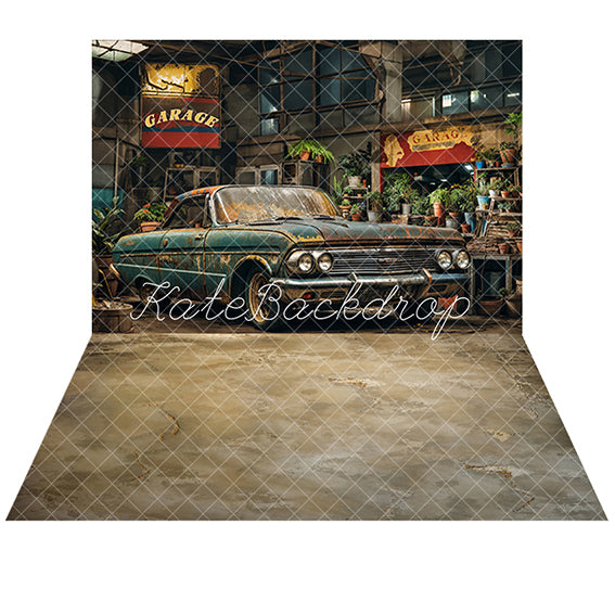 Kate Retro Garage Auto Pflanzen Kulisse+Abstrakte Textur Brown Land Boden Hintergrund