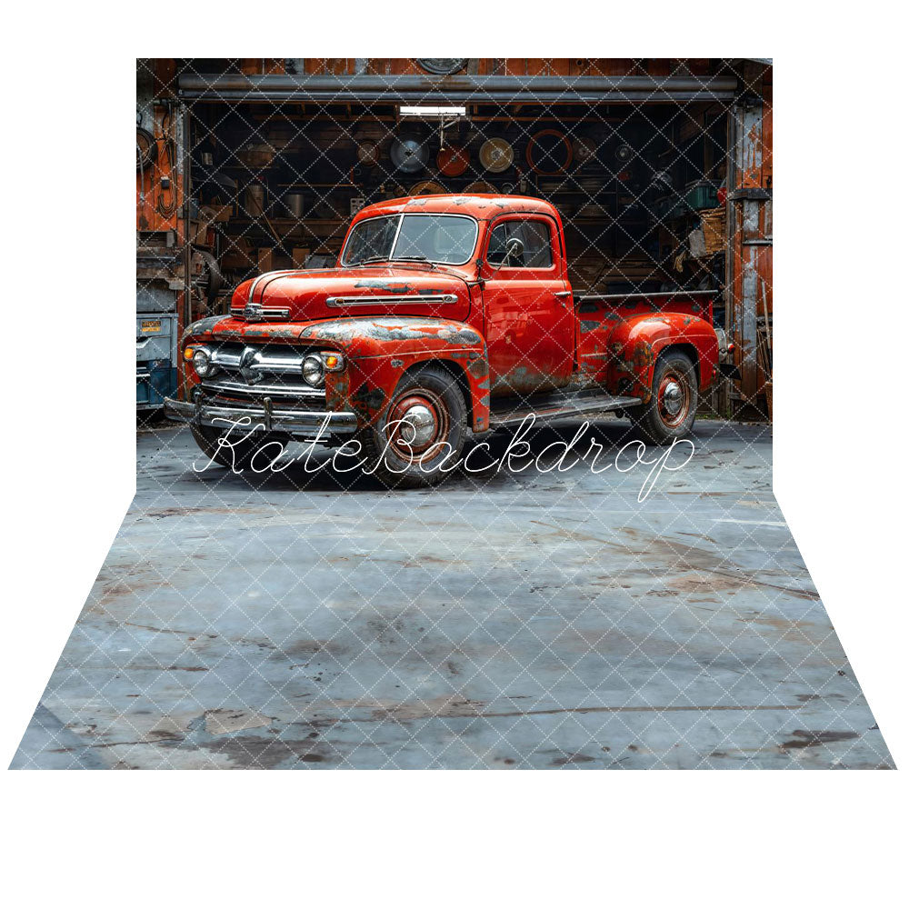 Kate Retro Red Truck Hintergrund+Abstrakter zementgrauer Bodenhintergrund - Kate Backdrop.de