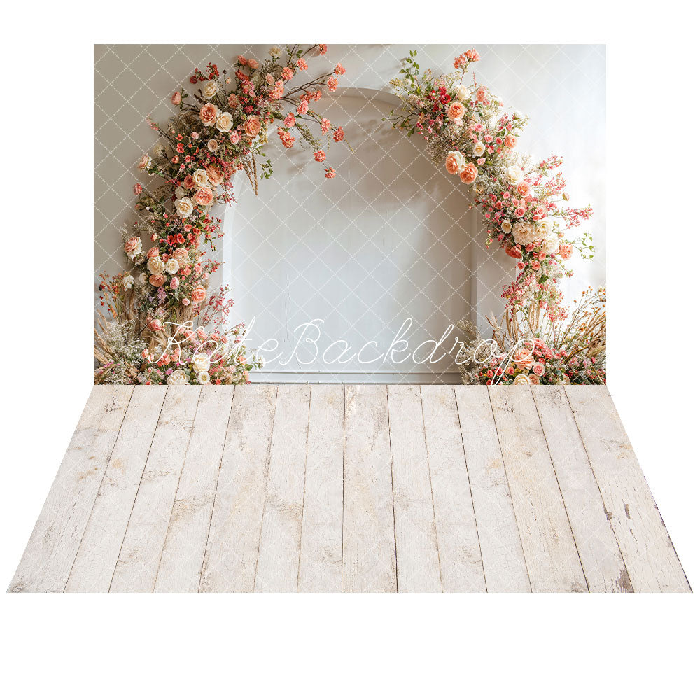 Kate Frühling Hochzeit Blumen weiß Bogen Hintergrund + Holzboden Hintergrund für Fotografie - Kate Backdrop.de