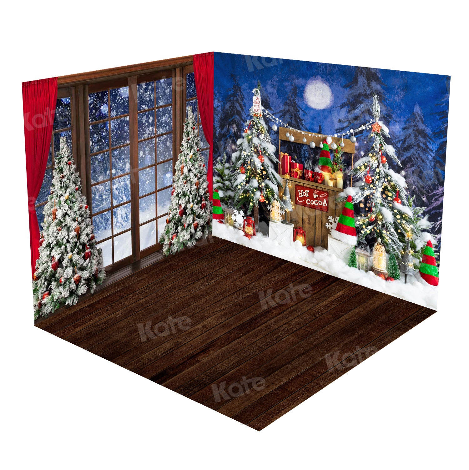 Kate Weihnachten Schnee Fenster Heißer Kakao Nacht Mond Zimmer Set (8ftx8ft&10ftx8ft&8ftx10ft)