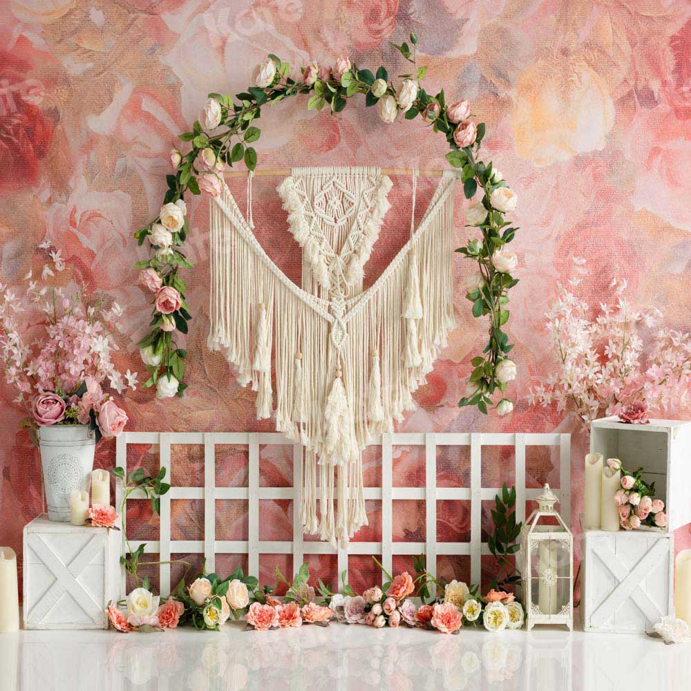 Kate Frühling Boho Blumen Hintergrund Girlande Zaun Wandteppich von Emetselch - Kate Backdrop.de