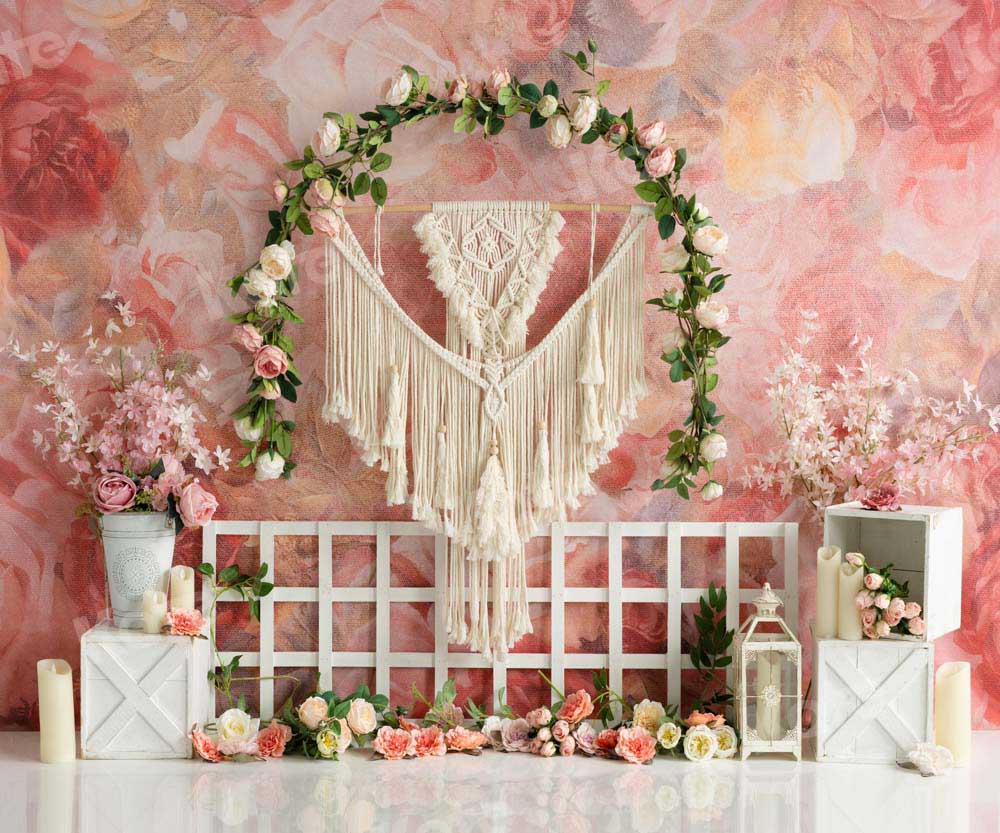 Kate Frühling Boho Blumen Hintergrund Girlande Zaun Wandteppich von Emetselch - Kate Backdrop.de