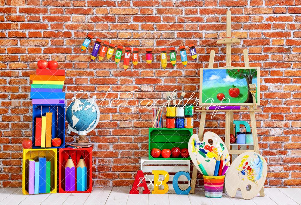 Kate Einschulung Schule Hintergrund Retro Rot Backstein Wand von Emetselch - Kate Backdrop.de