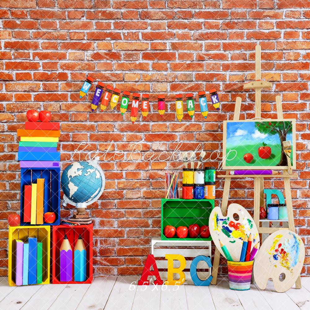 Kate Einschulung Schule Hintergrund Retro Rot Backstein Wand von Emetselch - Kate Backdrop.de