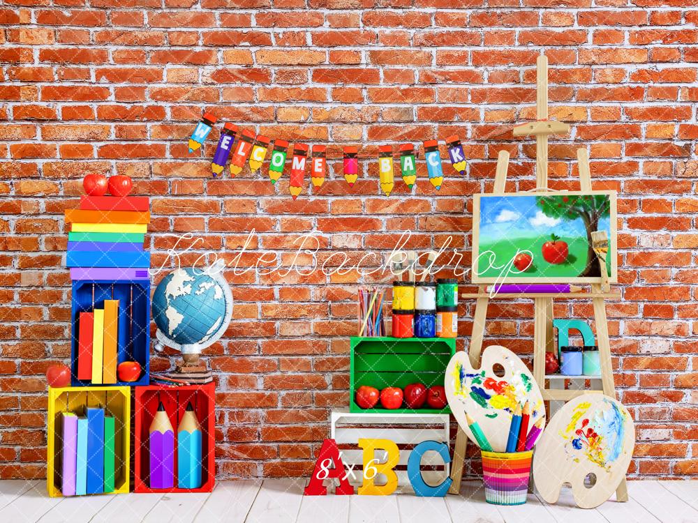 Kate Einschulung Schule Hintergrund Retro Rot Backstein Wand von Emetselch - Kate Backdrop.de