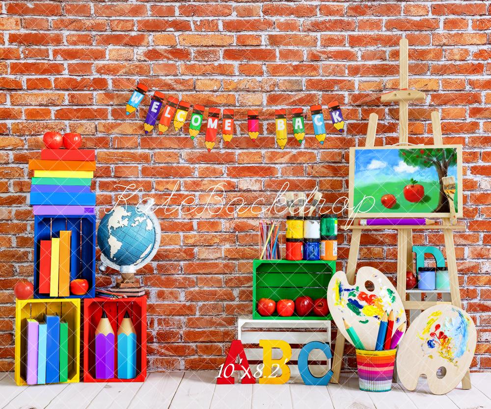 Kate Einschulung Schule Hintergrund Retro Rot Backstein Wand von Emetselch - Kate Backdrop.de