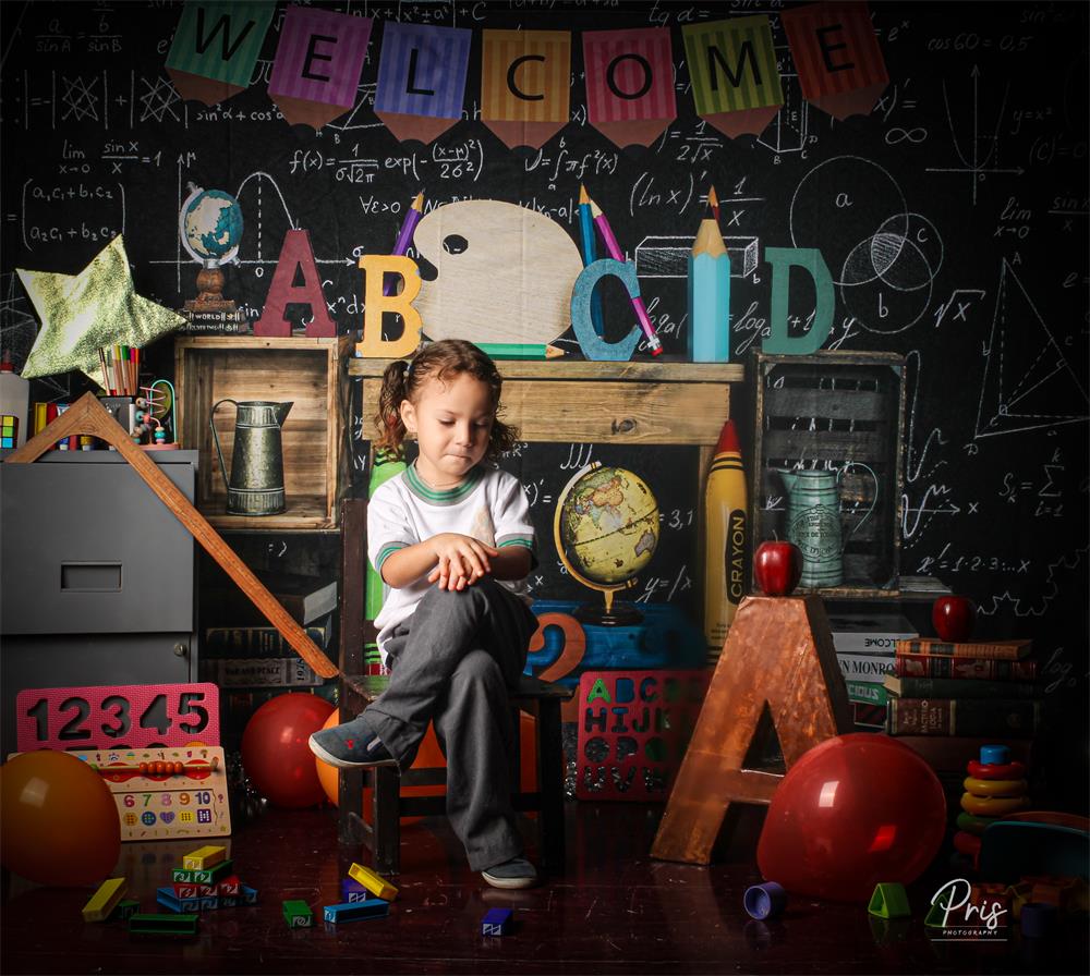 Kate Zurück zu Schule Hintergrund Blackboard ABCD Crayon für Fotografie - Kate Backdrop.de