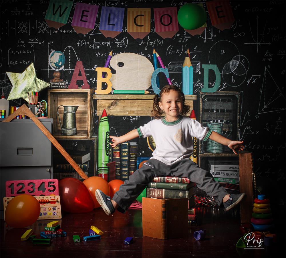 Kate Zurück zu Schule Hintergrund Blackboard ABCD Crayon für Fotografie - Kate Backdrop.de
