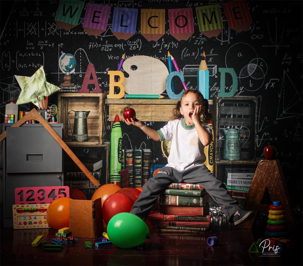 Kate Zurück zu Schule Hintergrund Blackboard ABCD Crayon für Fotografie - Kate Backdrop.de