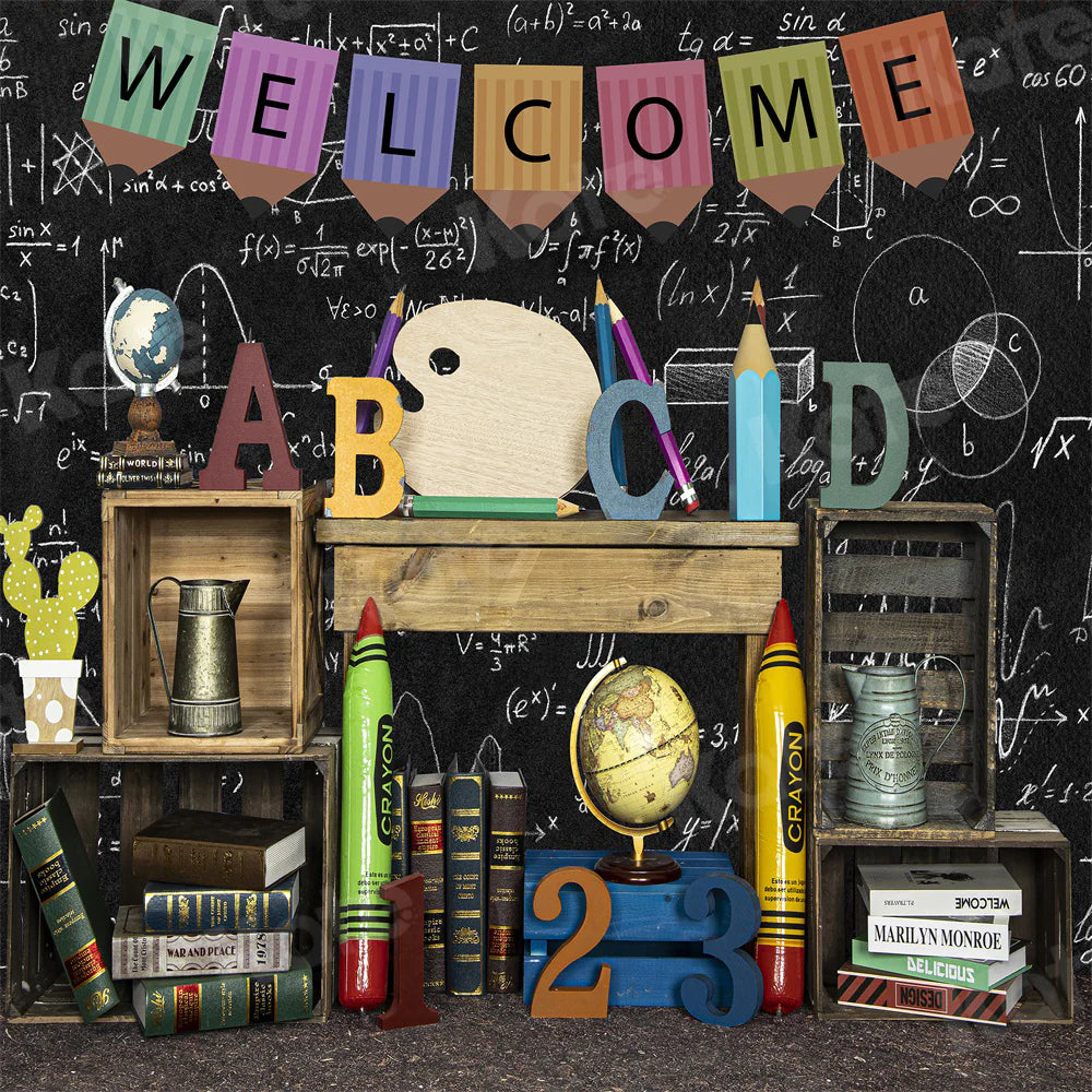Kate Zurück zu Schule Hintergrund Blackboard ABCD Crayon für Fotografie - Kate Backdrop.de