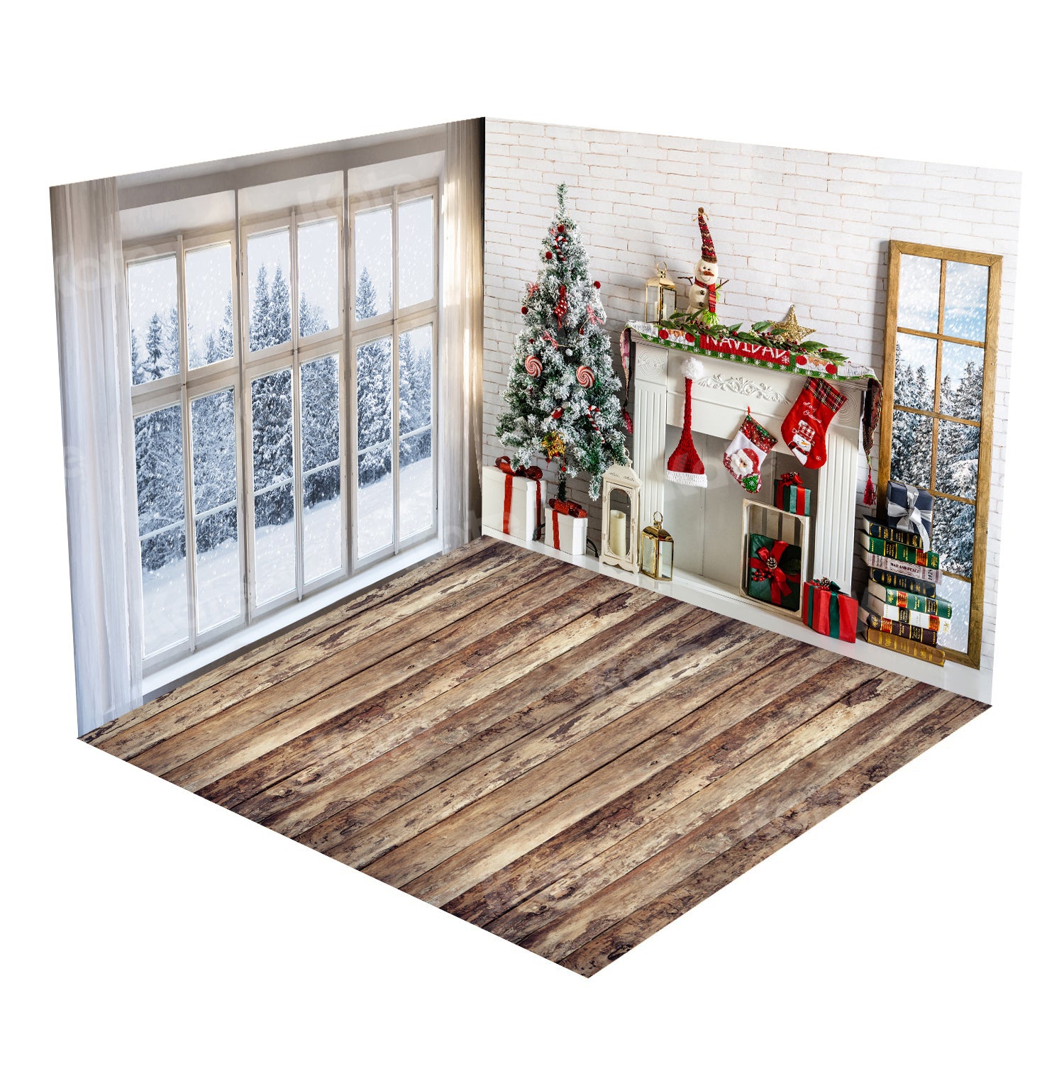 Kate Fenster Schnee Weihnachtsbaum Kamin Zimmer Set (8ftx8ft&10ftx8ft&8ftx10ft)