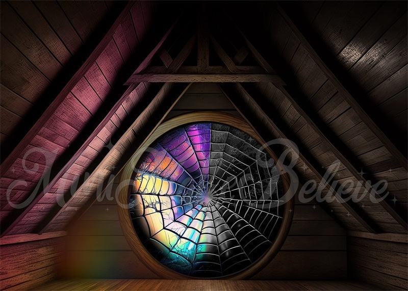 Kate Gruseliges Halloween Dachboden Bunte Spinnweben Fleece Hintergrund Entworfen von Mini MakeBelieve - Kate Backdrop.de