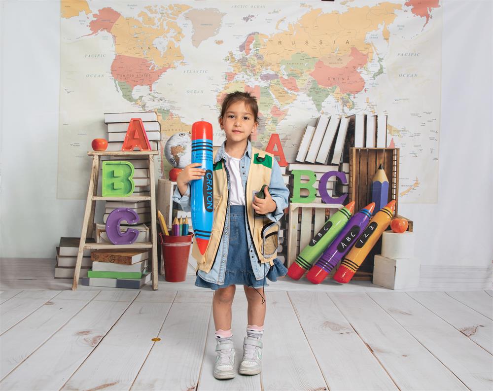 Kate Zurück zu Schule Weltkarte Buch Regal Hintergrund von Emetselch - Kate Backdrop.de
