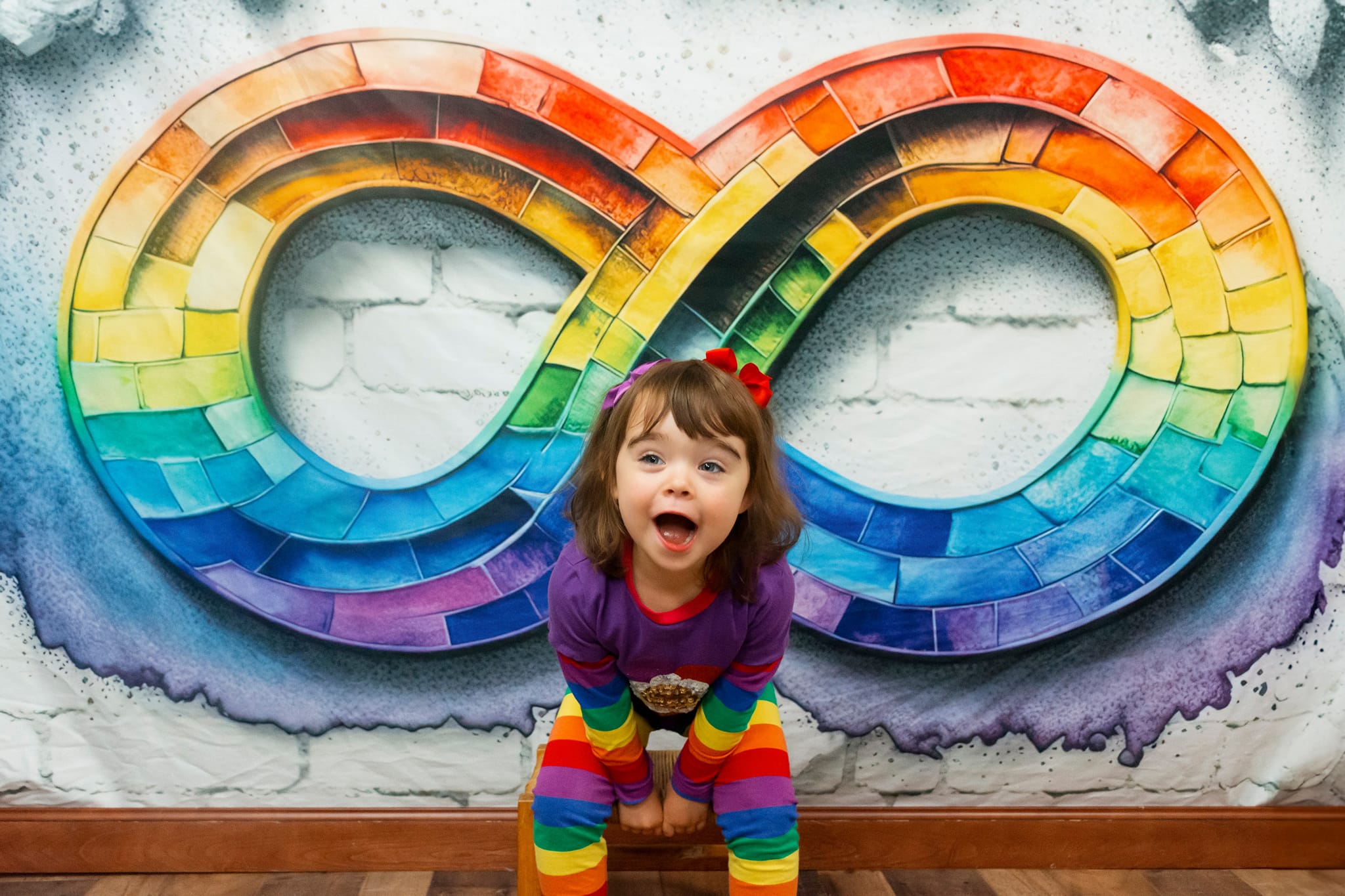 Kate Painterly Autismus Akzeptanz Regenbogen Unendlichkeit Spektrum auf weißer Backsteinmauer Hintergrund von Mini MakeBelieve