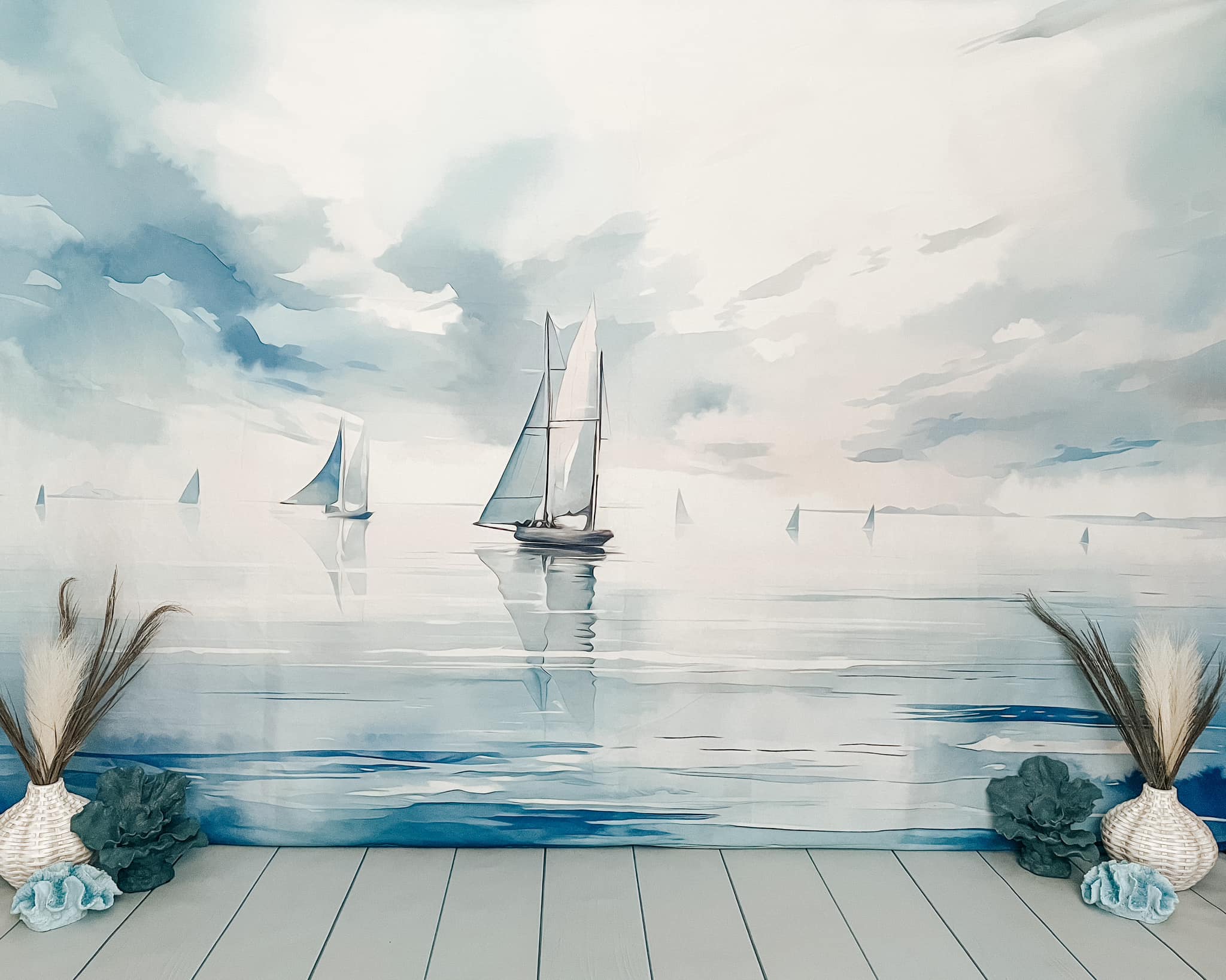 Kate Sommer Aquarell Meer Boote Hintergrund von Patty Roberts - Kate Backdrop.de