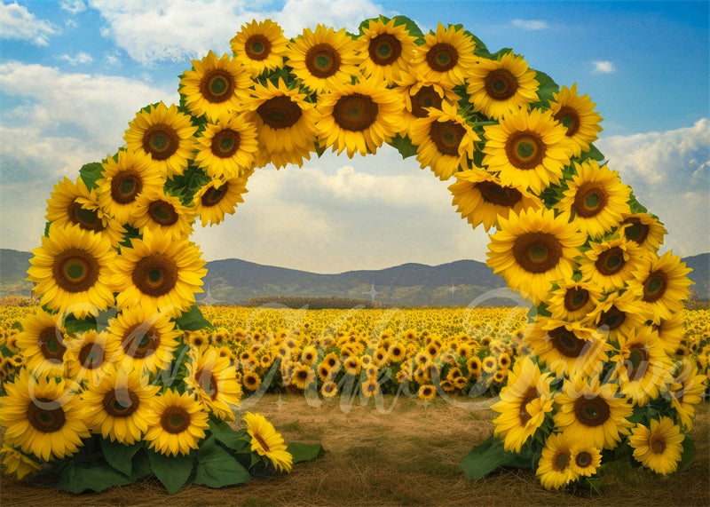 Kate Malerischer Sonnenblumenfeldbogen mit Bodenhintergrund von Mini MakeBelieve - Kate Backdrop.de