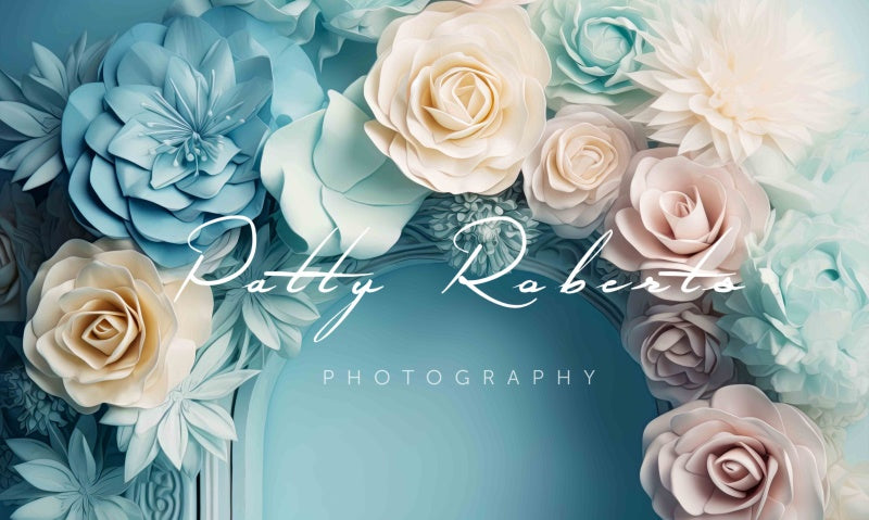 Kate Pastellfarbene Blütenblätter Blauer Hochzeitshintergrund im Malerstil von Patty Roberts