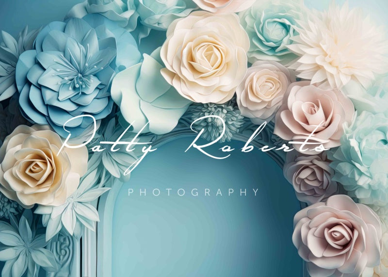 Kate Pastellfarbene Blütenblätter Blauer Hochzeitshintergrund im Malerstil von Patty Roberts - Kate Backdrop.de