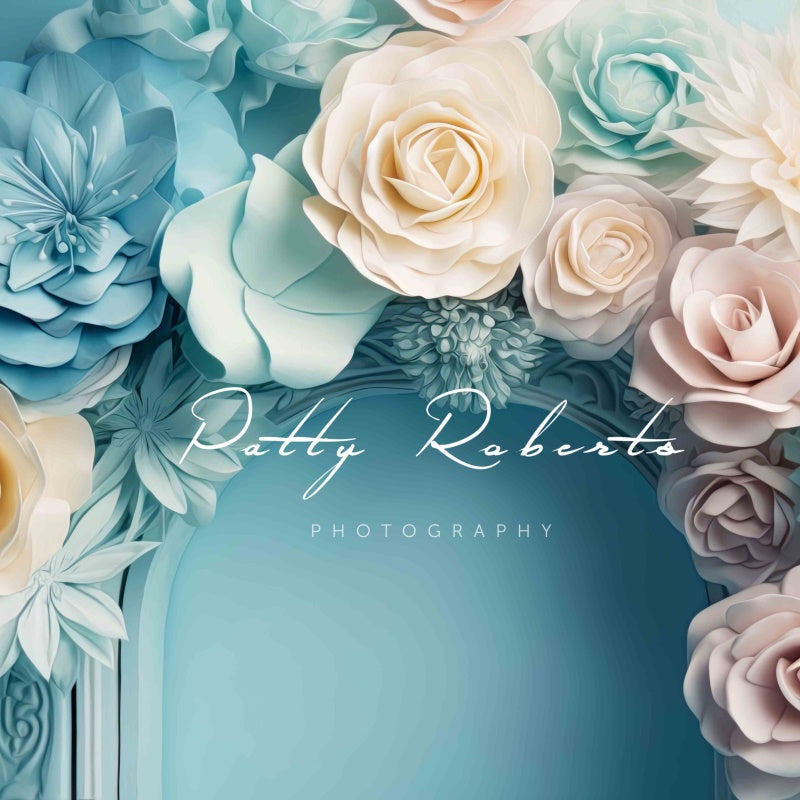 Kate Pastellfarbene Blütenblätter Blauer Hochzeitshintergrund im Malerstil von Patty Roberts - Kate Backdrop.de