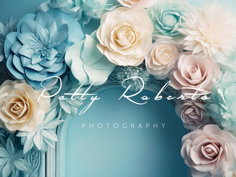 Kate Pastellfarbene Blütenblätter Blauer Hochzeitshintergrund im Malerstil von Patty Roberts