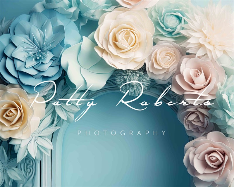 Kate Pastellfarbene Blütenblätter Blauer Hochzeitshintergrund im Malerstil von Patty Roberts - Kate Backdrop.de