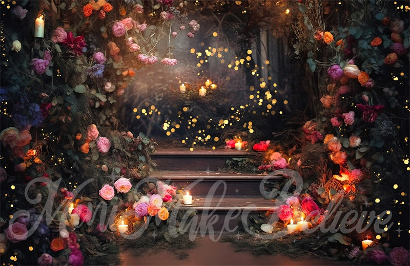 Kate Fine Art Forest Floral Fairy Lights on Stairs Hintergrund von Mini MakeBelieve