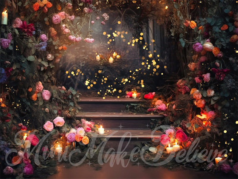 Kate Fine Art Forest Floral Fairy Lights on Stairs Hintergrund von Mini MakeBelieve