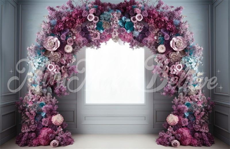 Kate Fine Art Light Interieur mit Rosa Blau Lila Blume Bogen Hintergrund von Mini MakeBelieve