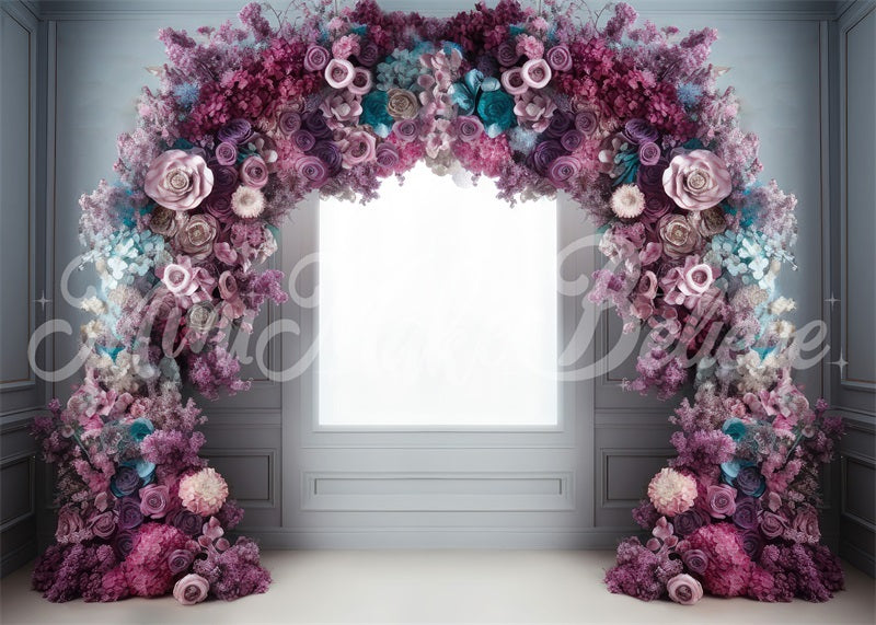 Kate Fine Art Light Interieur mit Rosa Blau Lila Blume Bogen Hintergrund von Mini MakeBelieve - Kate Backdrop.de