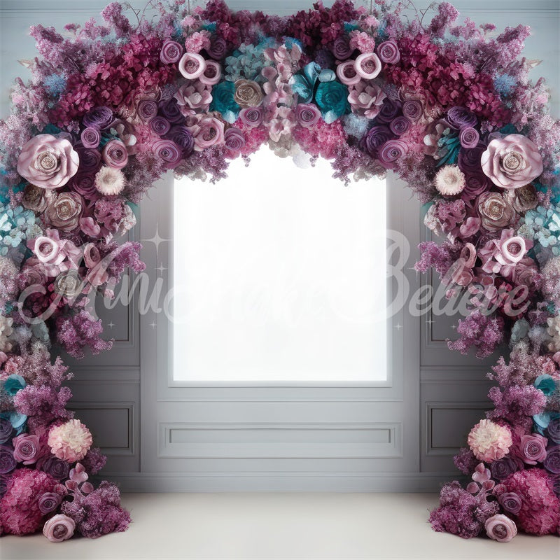 Kate Fine Art Light Interieur mit Rosa Blau Lila Blume Bogen Hintergrund von Mini MakeBelieve