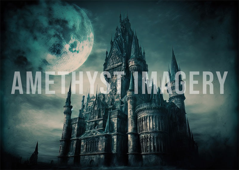 Kate Dystopisches Schloss Nacht Hintergrund von Angela Miller - Kate Backdrop.de