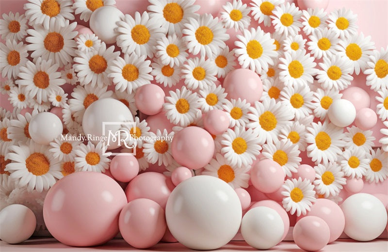 Kate Rosa und weiße Ballon-Wand mit Gänseblümchen-Hintergrund von Mandy Ringe Fotograf