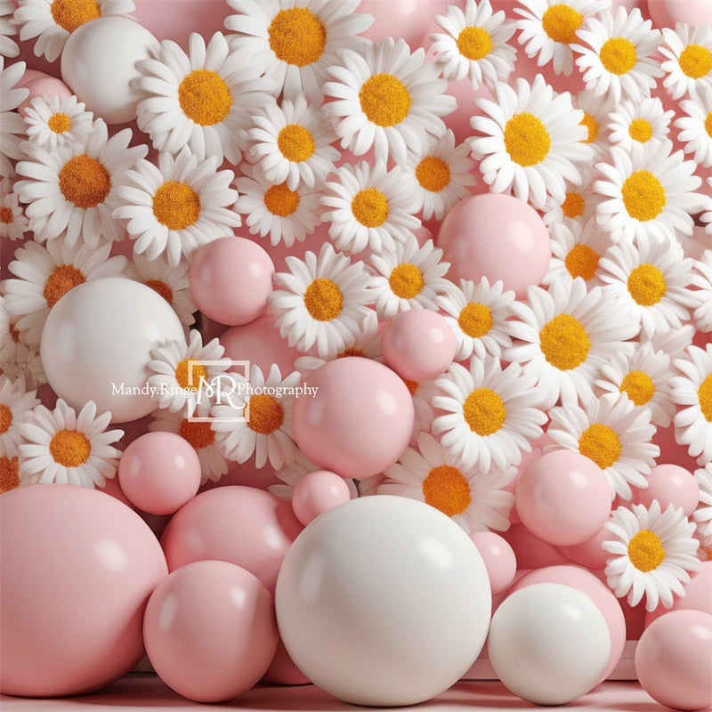 Kate Rosa und weiße Ballon-Wand mit Gänseblümchen-Hintergrund von Mandy Ringe Fotograf