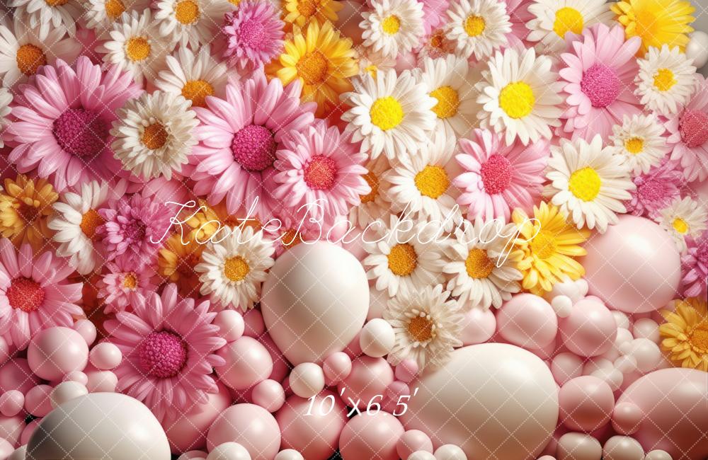 Kate Rosa Gelb Weiß Luftballon Wand mit Gänseblümchen Hintergrund von Mandy Ringe Fotograf - Kate Backdrop.de