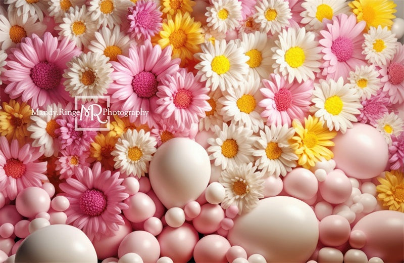 Kate Rosa Gelb Weiß Luftballon Wand mit Gänseblümchen Hintergrund von Mandy Ringe Fotograf - Kate Backdrop.de