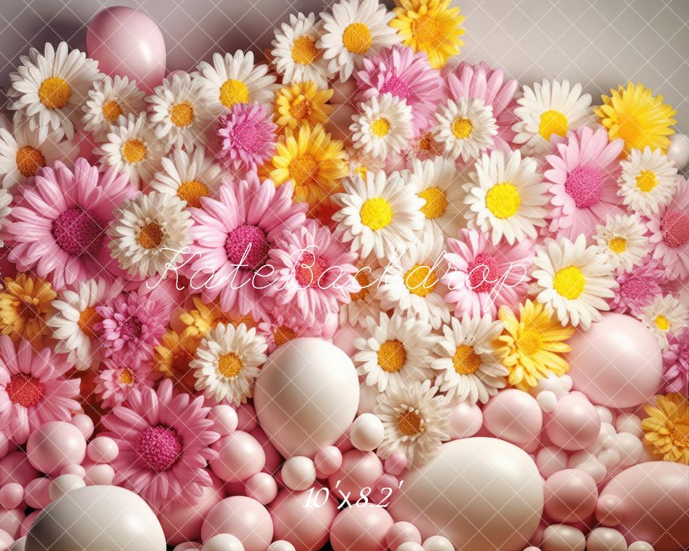 Kate Rosa Gelb Weiß Luftballon Wand mit Gänseblümchen Hintergrund von Mandy Ringe Fotograf - Kate Backdrop.de