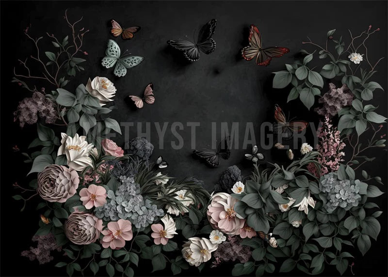 Kate Schmetterling Blumen Schwarz Wand Hintergrund von Angela Miller - Kate Backdrop.de