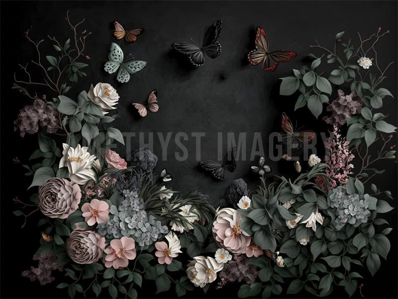 Kate Schmetterling Blumen Schwarz Wand Hintergrund von Angela Miller - Kate Backdrop.de