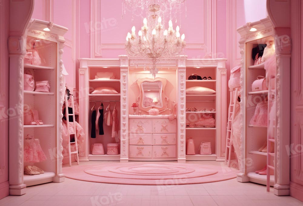 Kate Prinzessin Modepuppe Fantasy Rosa Zimmer Garderobe Fleece Hintergrund Entworfen von Chain Photography - Kate Backdrop.de