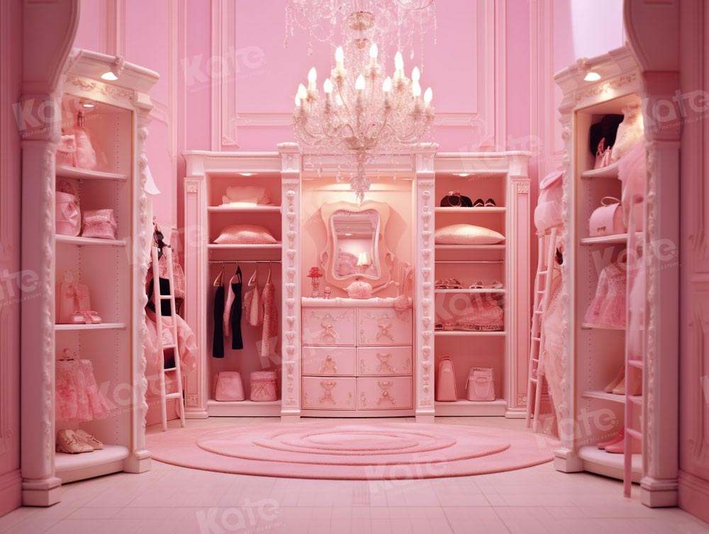 Kate Prinzessin Modepuppe Fantasy Rosa Zimmer Garderobe Fleece Hintergrund Entworfen von Chain Photography - Kate Backdrop.de