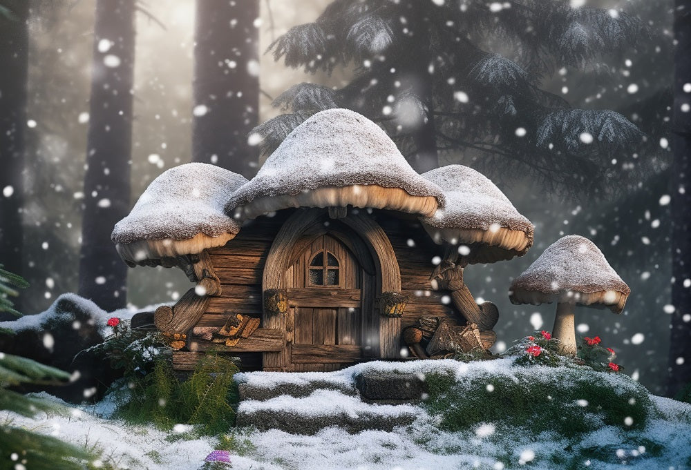Kate Winter Snowing Mushroom House Hintergrund für Fotografie