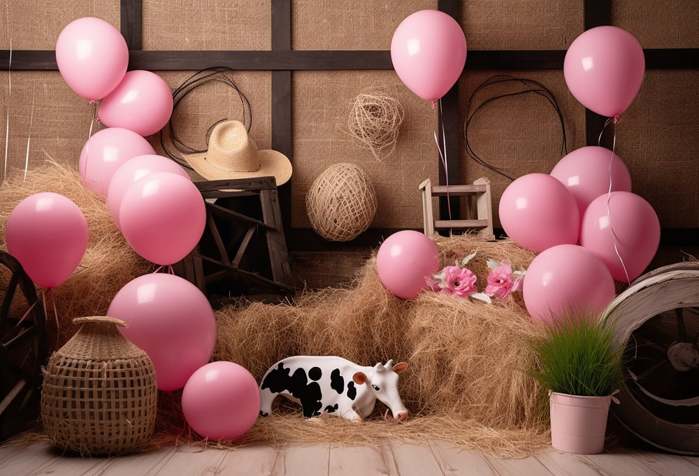 Kate Kuh Heuhaufen Ballon Kuchen Smash Geburtstag Hintergrund für Fotografie - Kate Backdrop.de